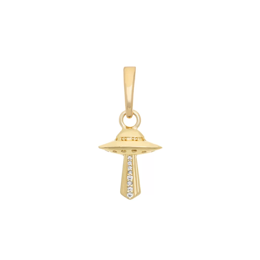 A gold charm with gems on it in the shape of a UFO.