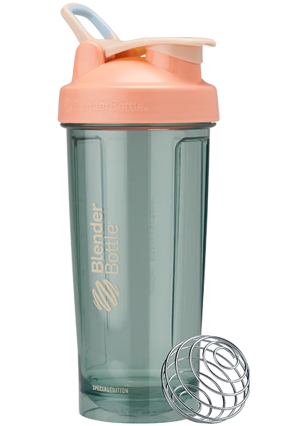 A grey plastic blender bottle with a pinkish cap.